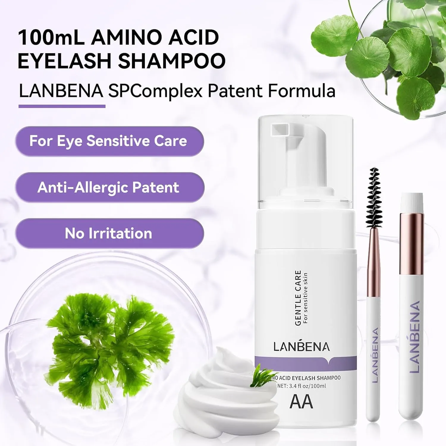 100Ml Eyelash Extension Cleanser/Shampoo with AMINO ACID, Oil Free Foam Bath Lash Cleaning Kit with Brush,Home Salon Use