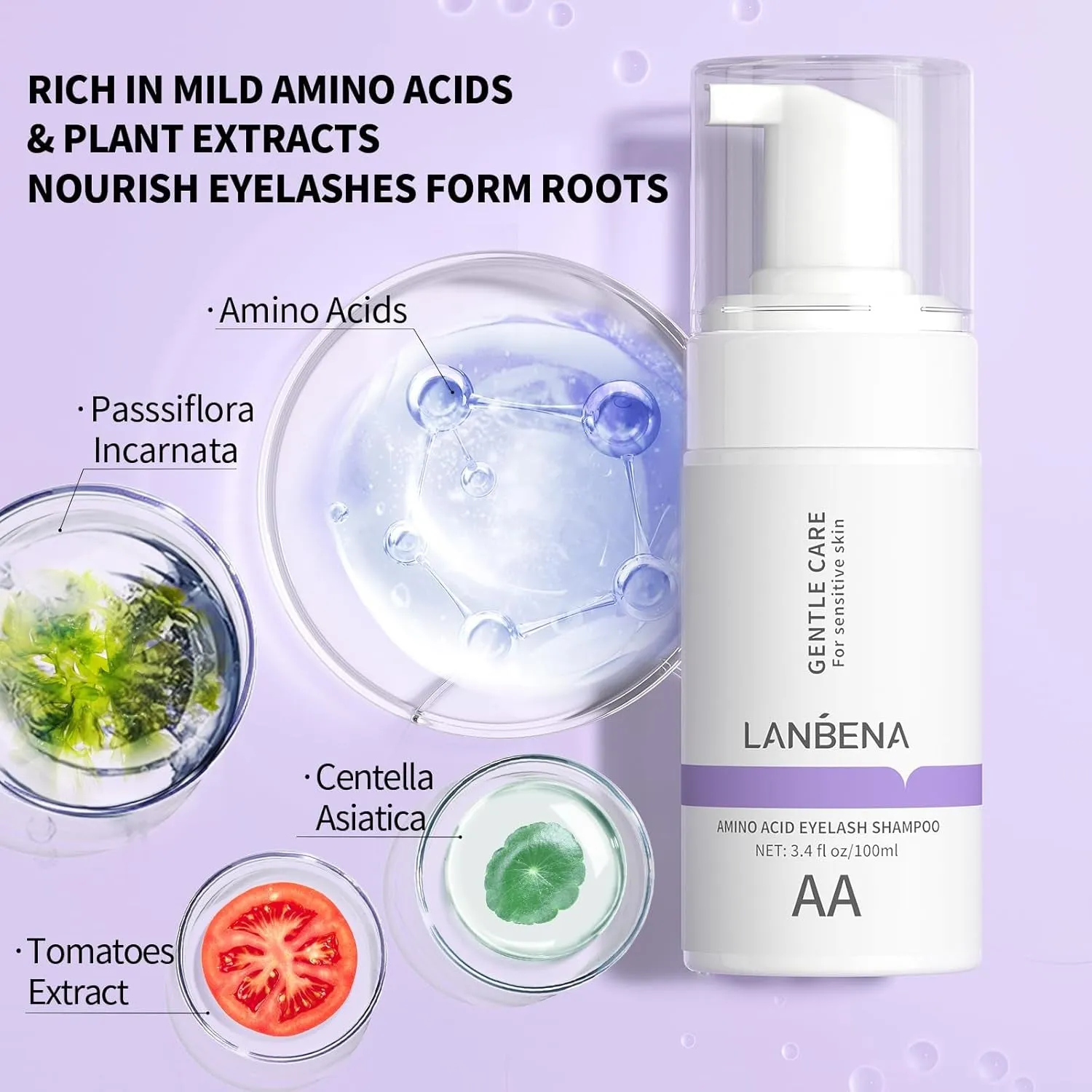 100Ml Eyelash Extension Cleanser/Shampoo with AMINO ACID, Oil Free Foam Bath Lash Cleaning Kit with Brush,Home Salon Use