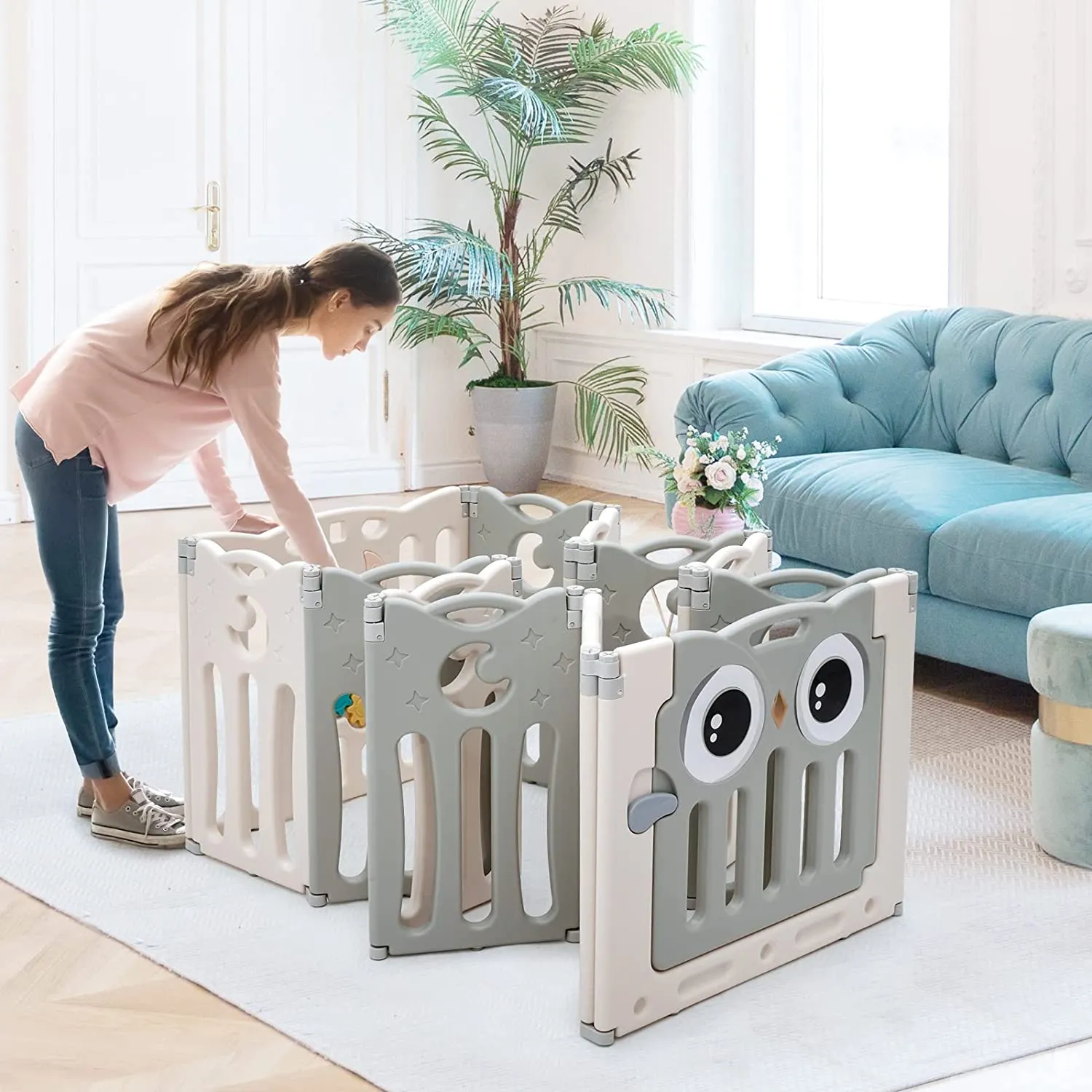 12 Panel Montessori Folding Baby Playpen and Ball Pool with Activity Panel | Grey & White
