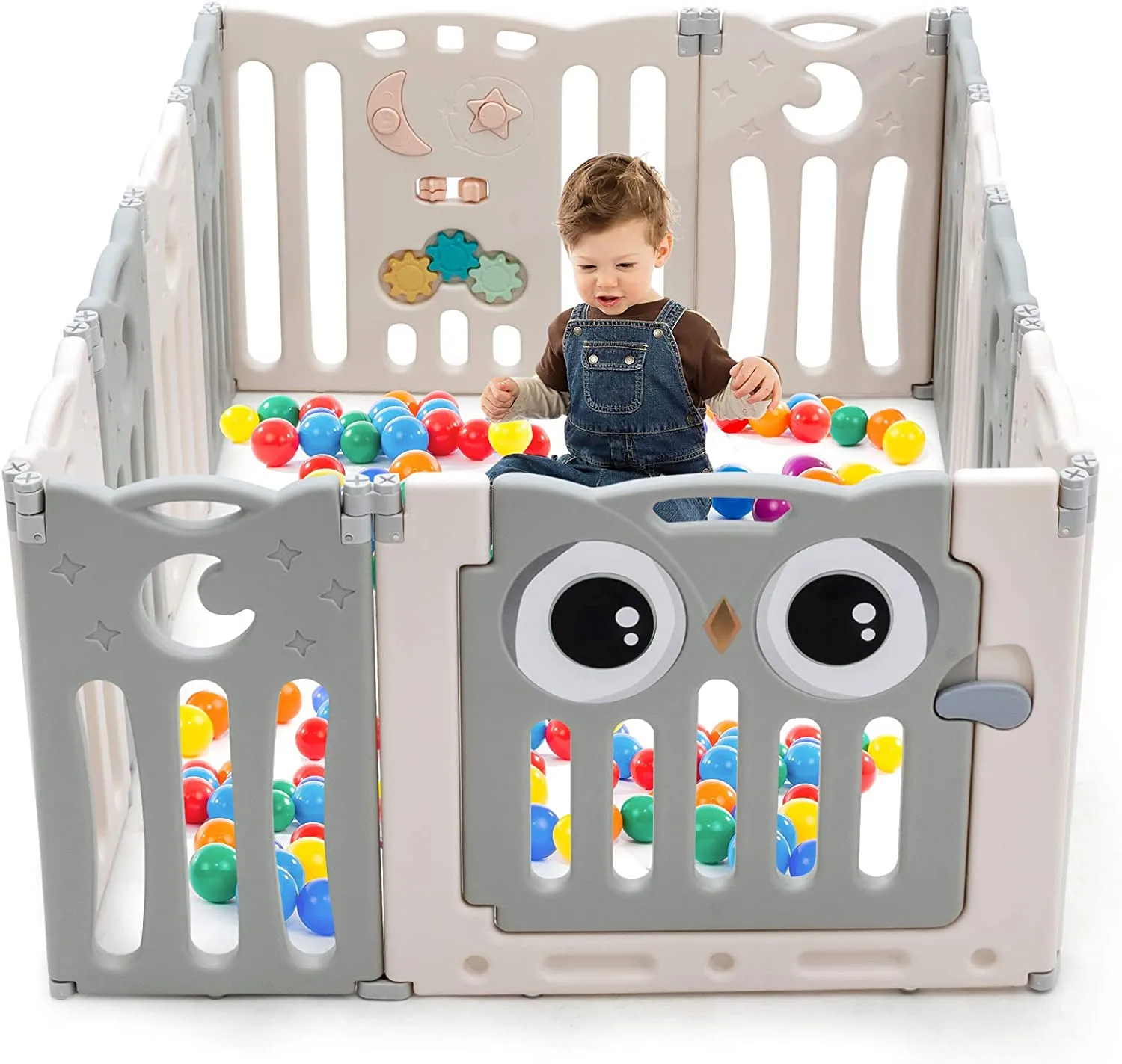 12 Panel Montessori Folding Baby Playpen and Ball Pool with Activity Panel | Grey & White