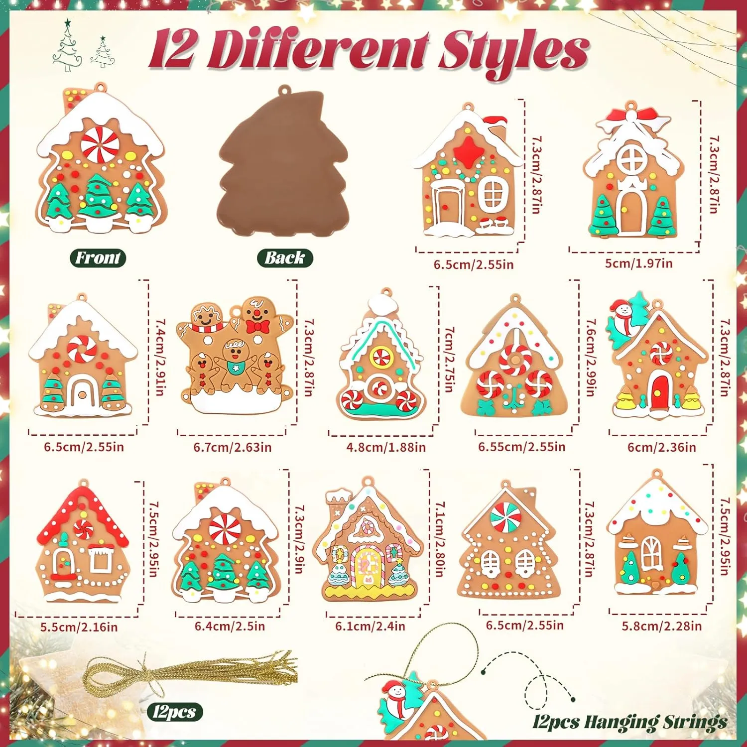 12pcs Gingerbread House Ornaments Christmas Tree Decoration, Gingerbread House H