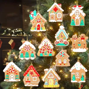 12pcs Gingerbread House Ornaments Christmas Tree Decoration, Gingerbread House H