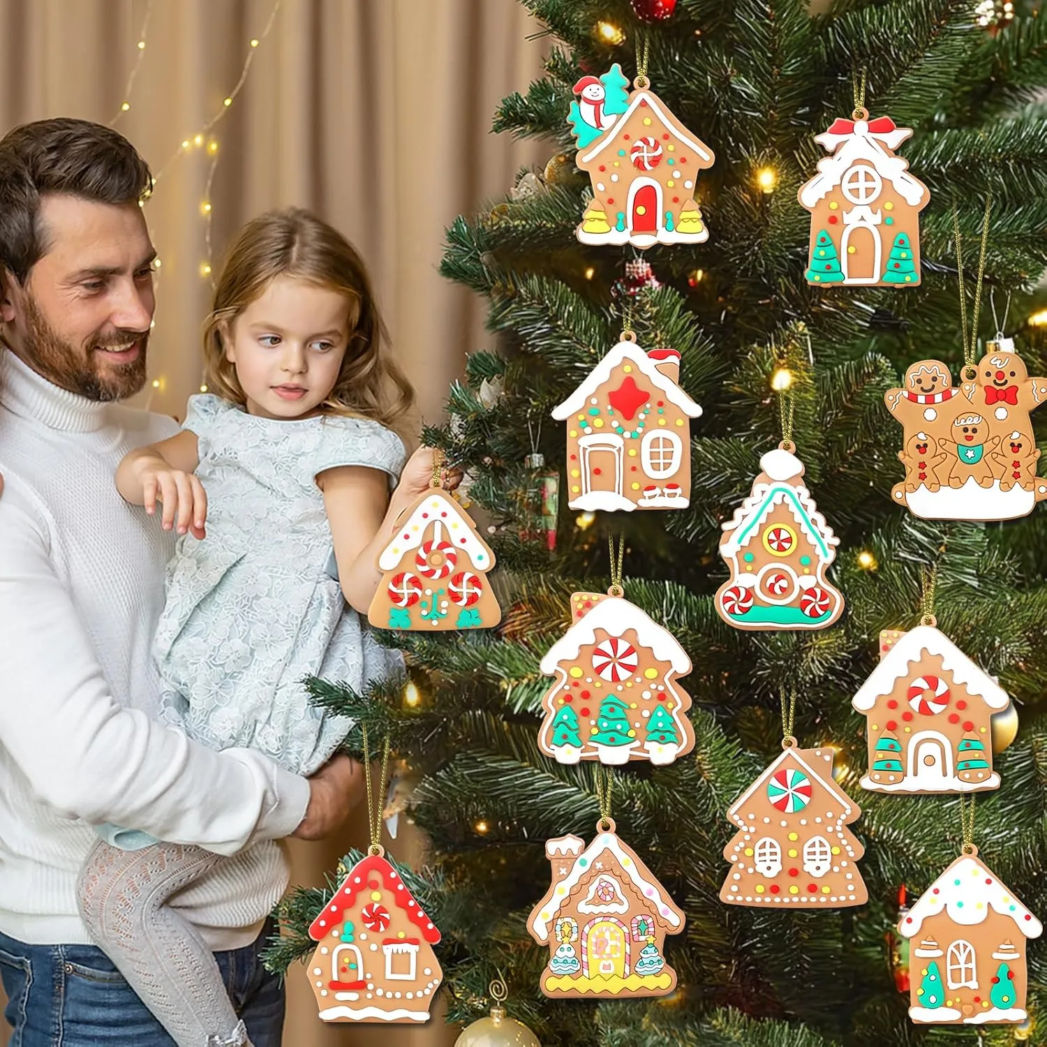 12pcs Gingerbread House Ornaments Christmas Tree Decoration, Gingerbread House H