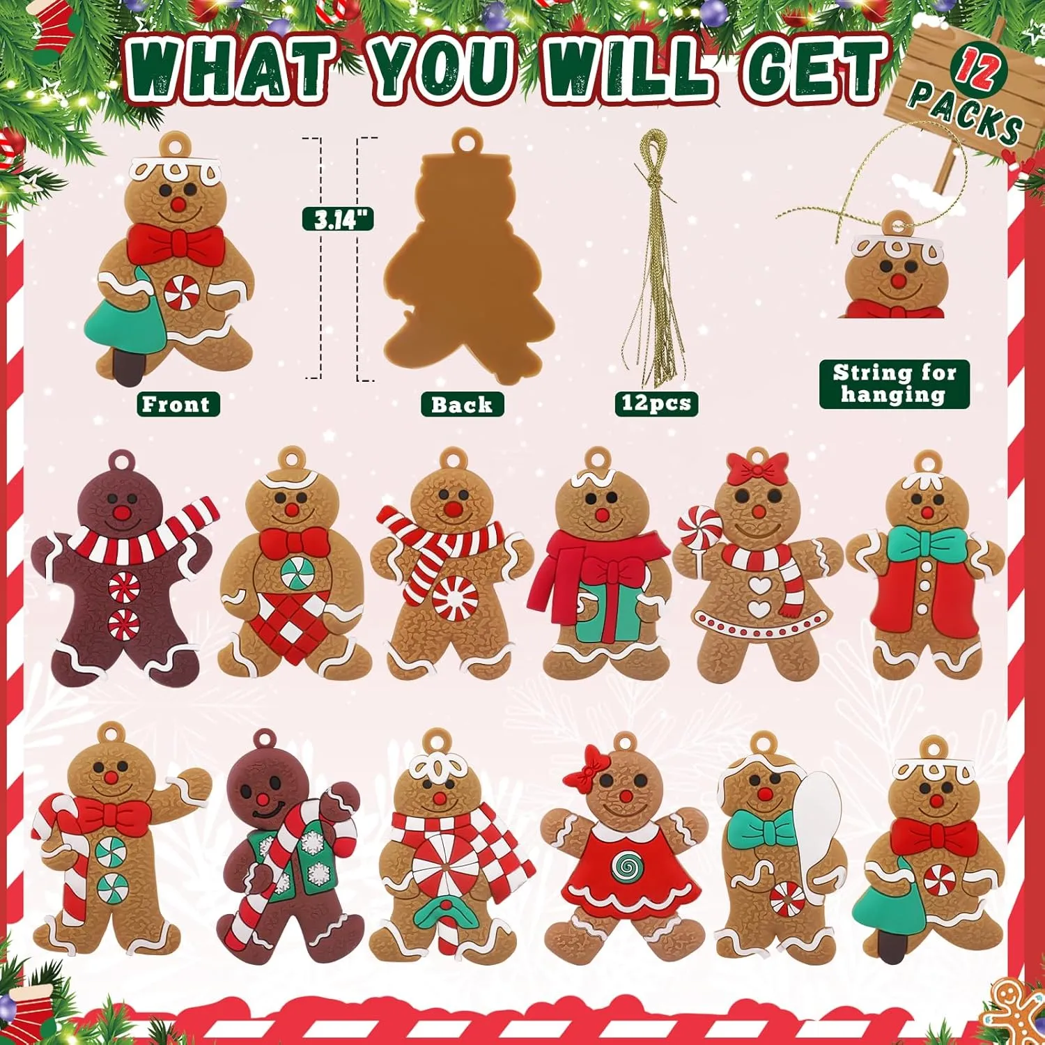 12pcs Gingerbread House Ornaments Christmas Tree Decoration, Gingerbread House H