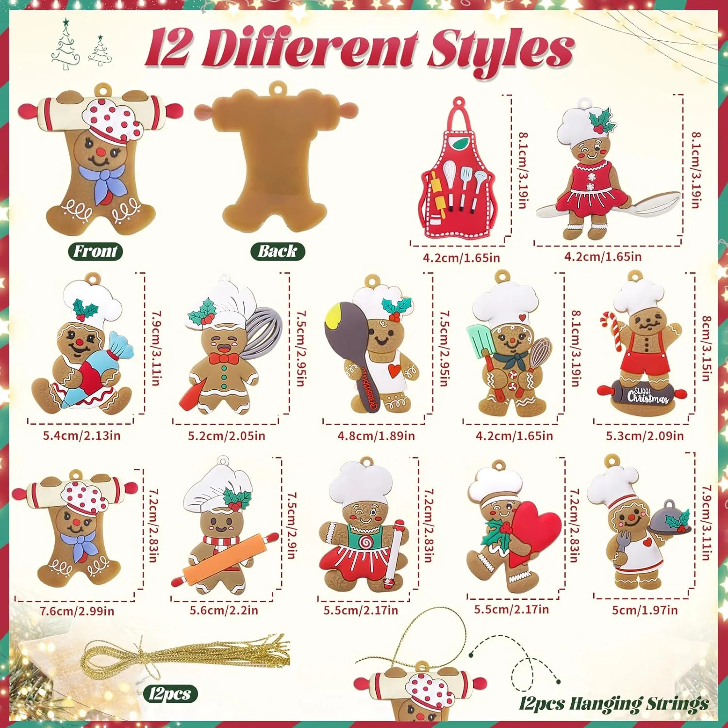 12pcs Gingerbread House Ornaments Christmas Tree Decoration, Gingerbread House H