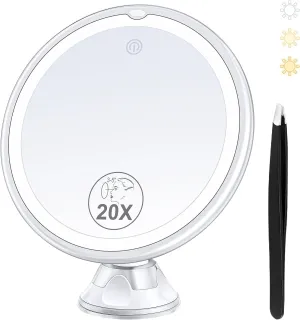 2025 Upgraded Magnifying Mirror with Light, 20X Lighted Magnifying Mirror with Suction Cup and Tweezers, 3 Colors Vanity Mirror, 360 Rotation, Makeup Mirror with Lights 8 Inches