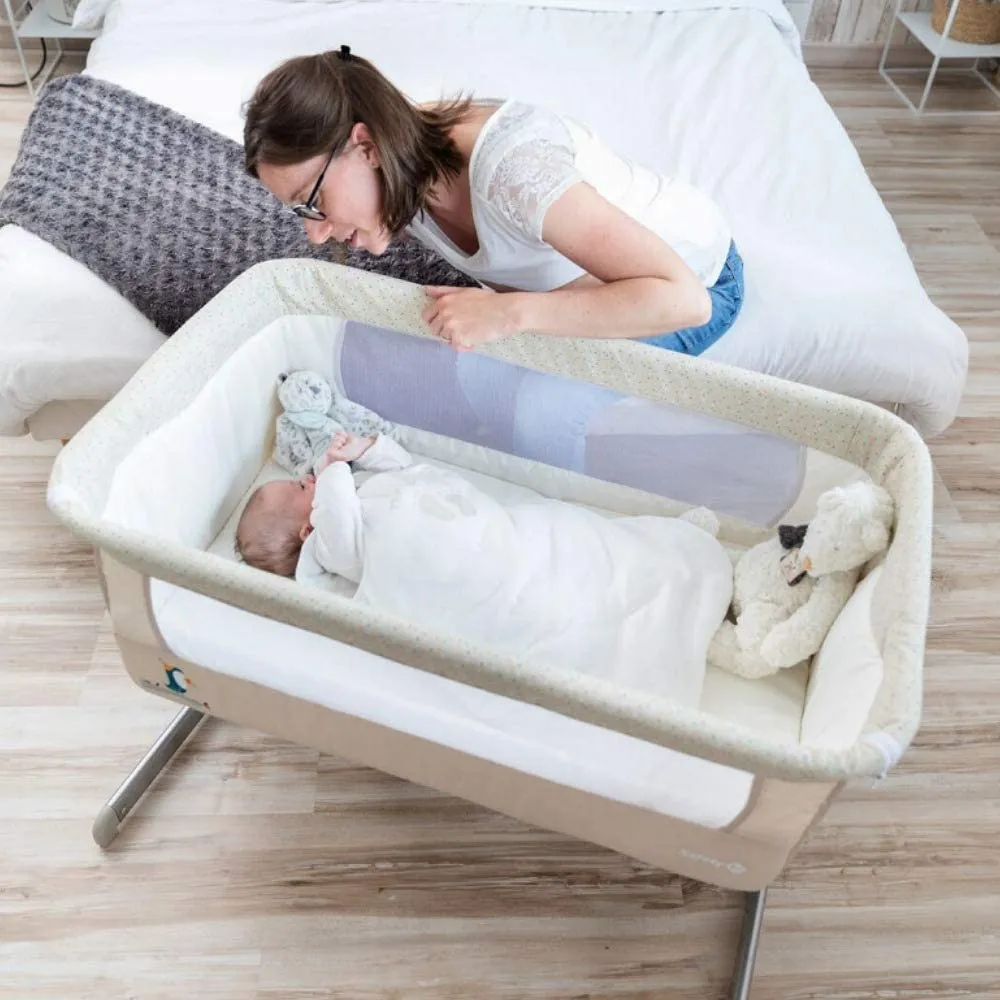 Adjustable Height | Easy Folding Next-to-Me Baby Crib with Mattress | Soft Grey