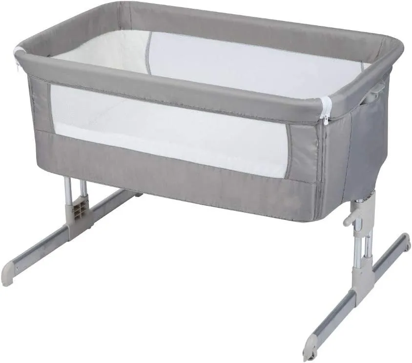 Adjustable Height | Easy Folding Next-to-Me Baby Crib with Mattress | Soft Grey