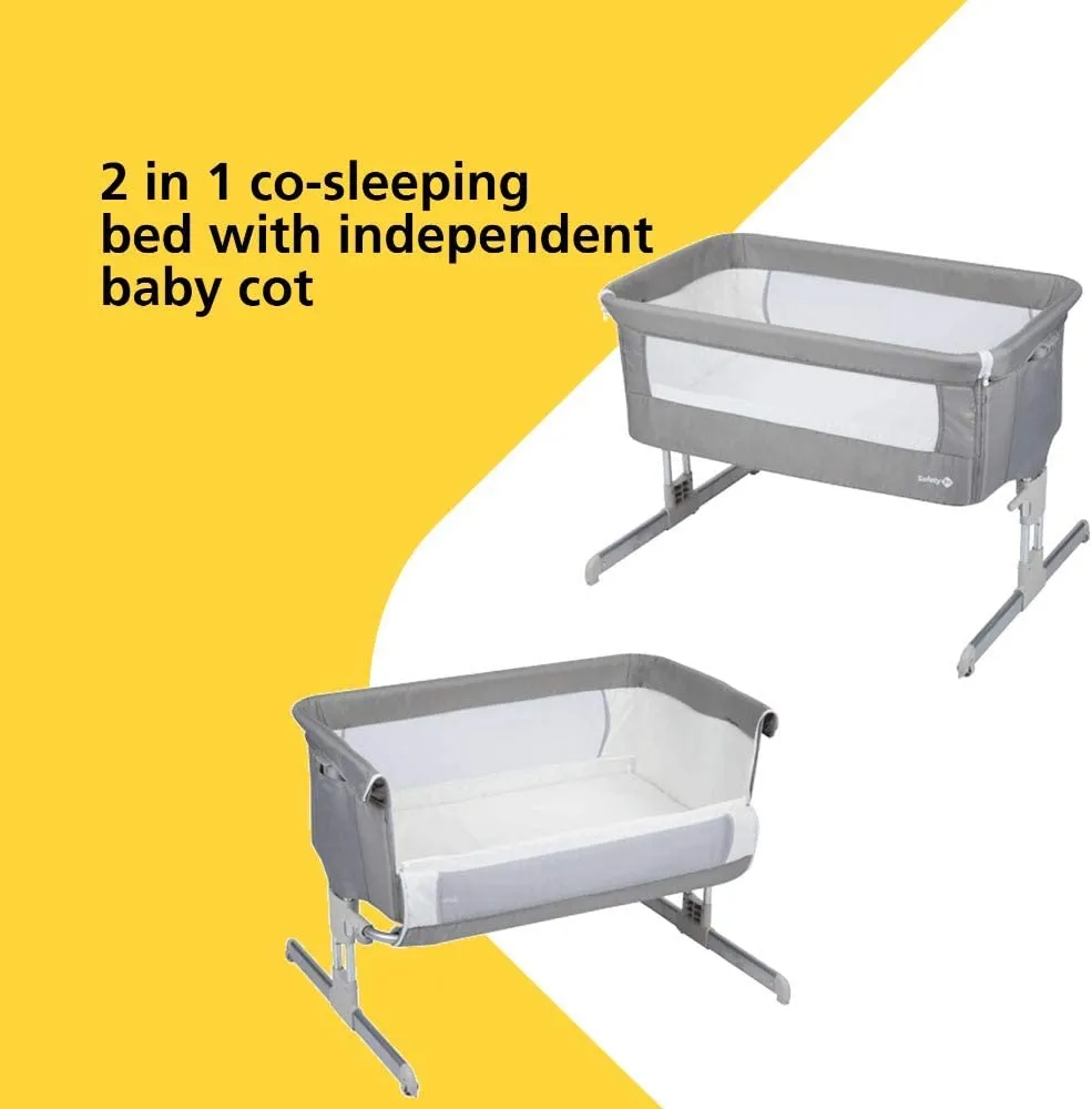 Adjustable Height | Easy Folding Next-to-Me Baby Crib with Mattress | Soft Grey