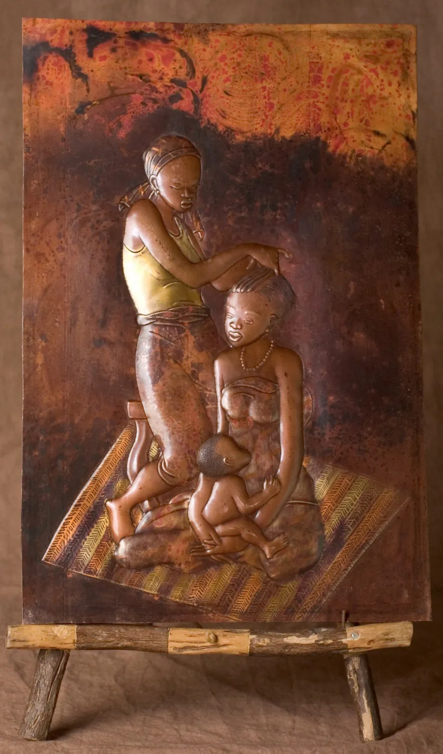 African Copper Art  Tribal Women Braiding Hair Nurturing Child - Congo - 15.5" X 23.5"