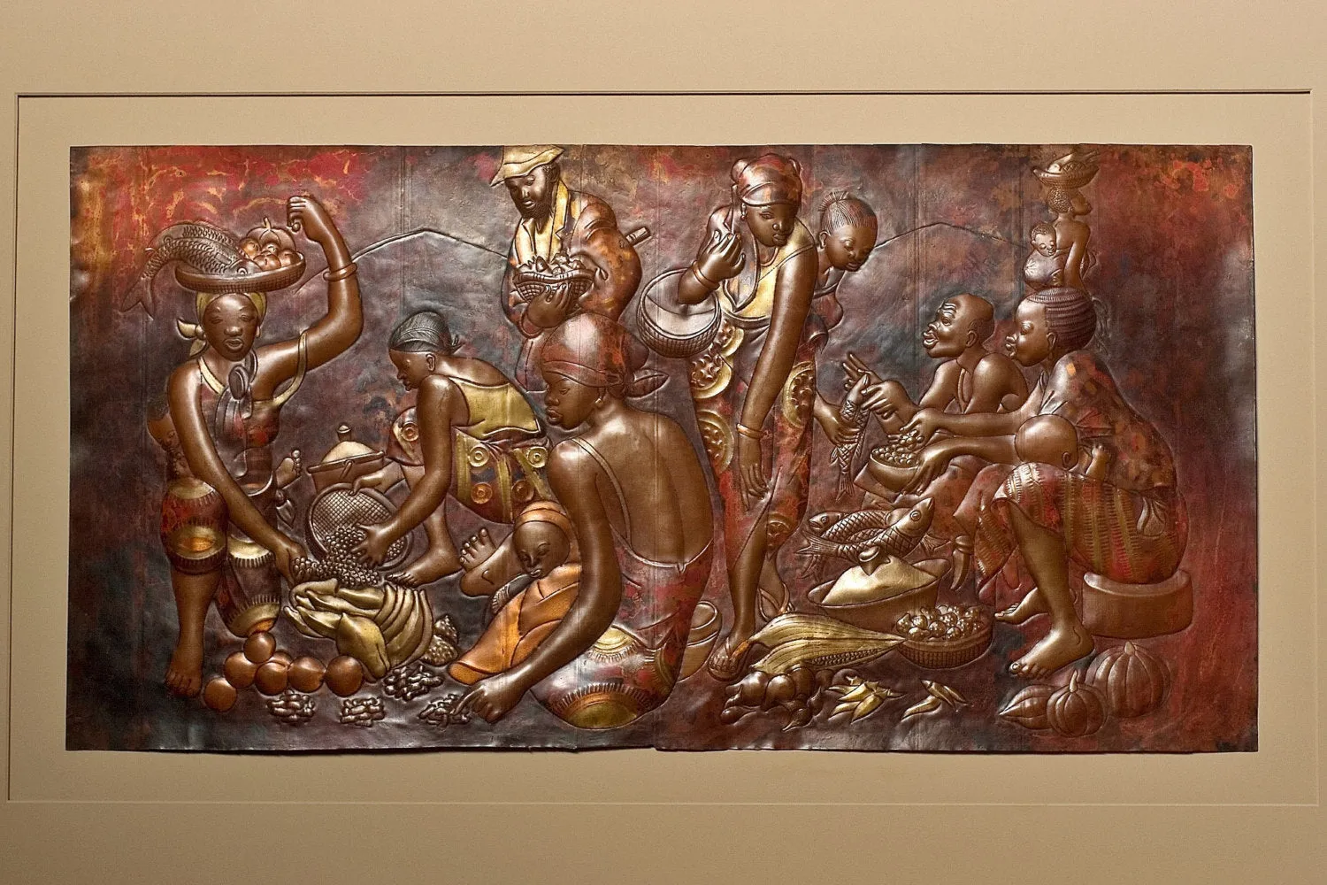 African Copper Art  Tribal Women Braiding Hair Nurturing Child - Congo - 15.5" X 23.5"