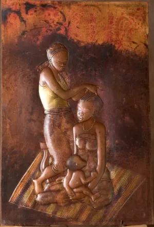 African Copper Art  Tribal Women Braiding Hair Nurturing Child - Congo - 15.5" X 23.5"