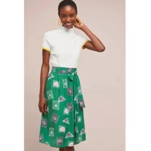 Anthro Porridge Midi Skirt Green Lined Pockets Side Tie Size Medium M Elastic