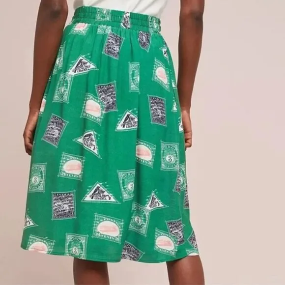Anthro Porridge Midi Skirt Green Lined Pockets Side Tie Size Medium M Elastic
