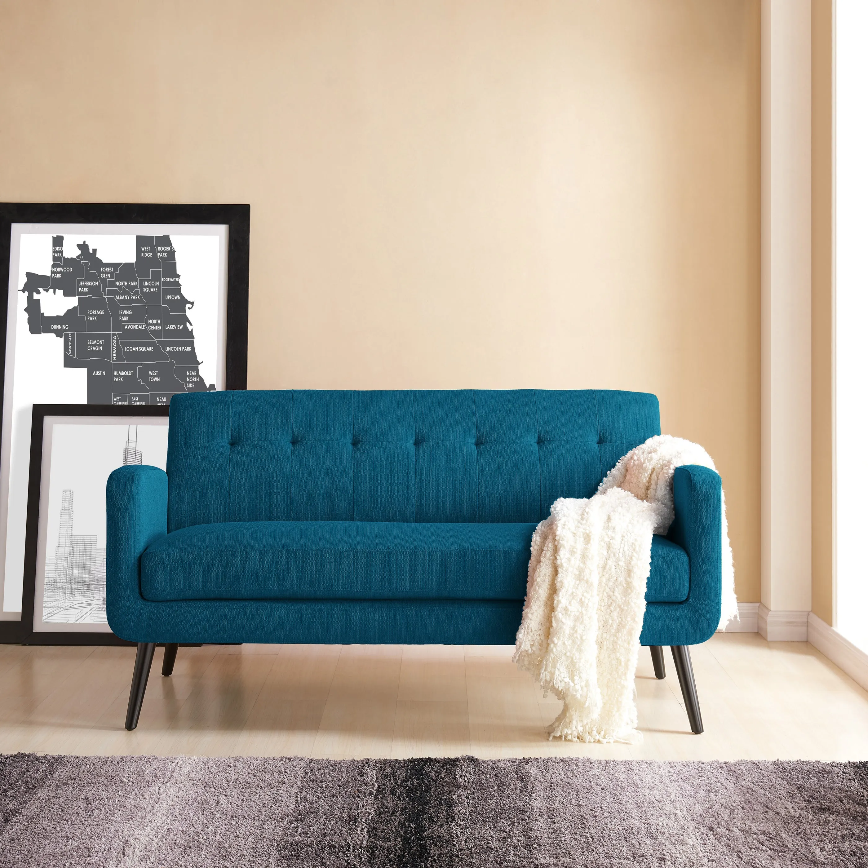 Araceli Sofa Mid Century Modern Peacock Blue Linen Sofa with solid wood legs, Seats 3 people & up to 900 Lbs! Retails $949 