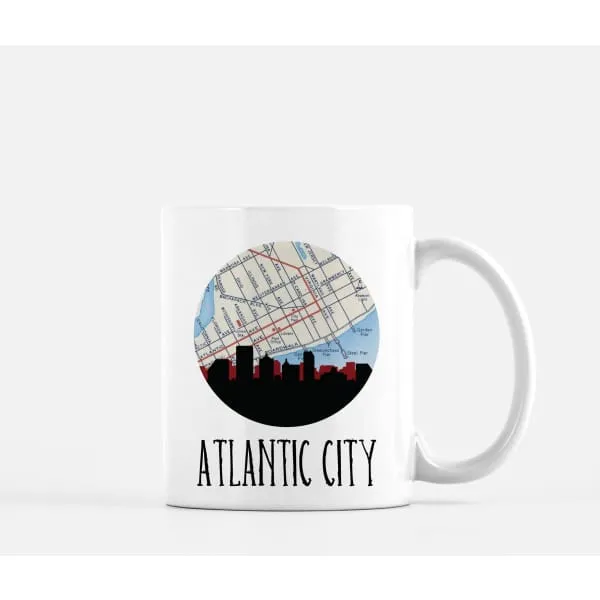 Atlantic City, New Jersey city skyline with vintage Atlantic City map