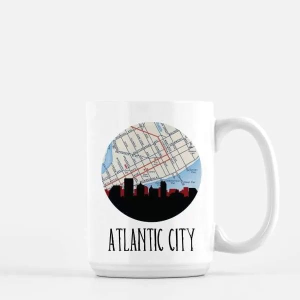 Atlantic City, New Jersey city skyline with vintage Atlantic City map