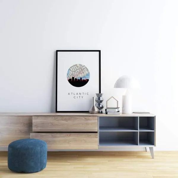 Atlantic City, New Jersey city skyline with vintage Atlantic City map