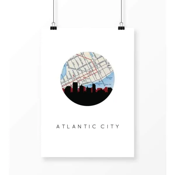 Atlantic City, New Jersey city skyline with vintage Atlantic City map
