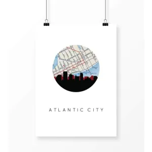Atlantic City, New Jersey city skyline with vintage Atlantic City map