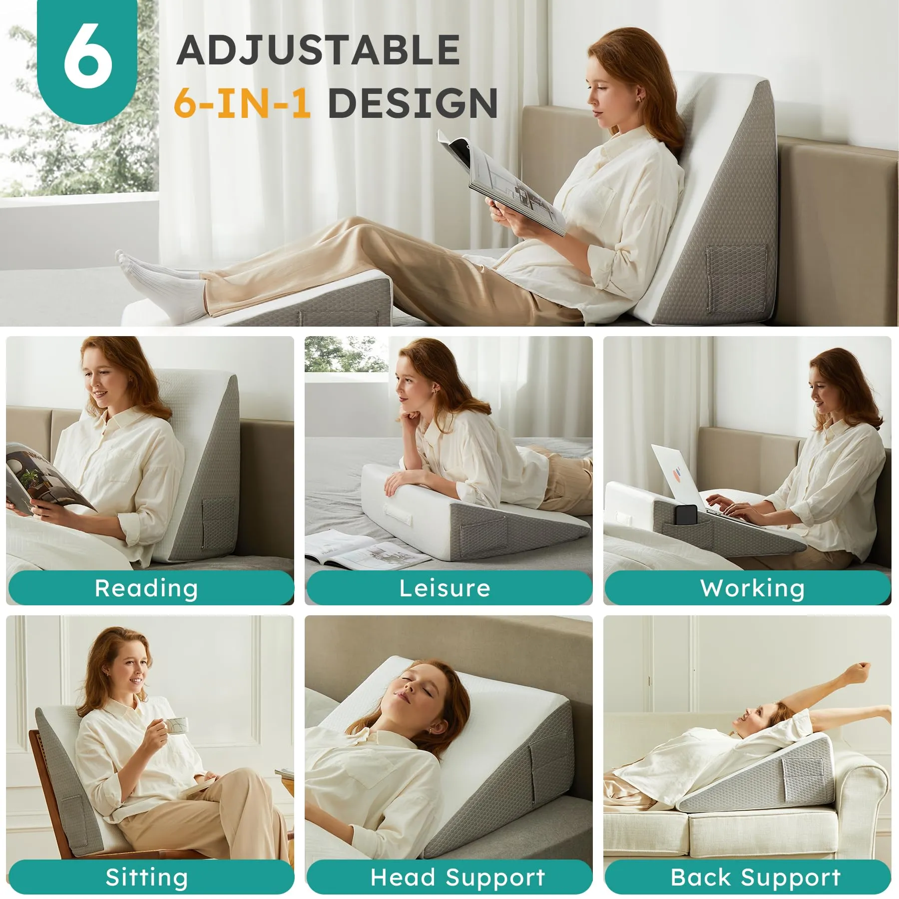 Bedluxe Wedge Pillow for Sleeping, 10 inch Bed Wedge Pillow, Elevated Body Pillow for Back Support, Acid Reflux, Leg, Neck Pain, Snoring, Triangle Pillow Wedge - Cooling Memory Foam Top, White/Grey