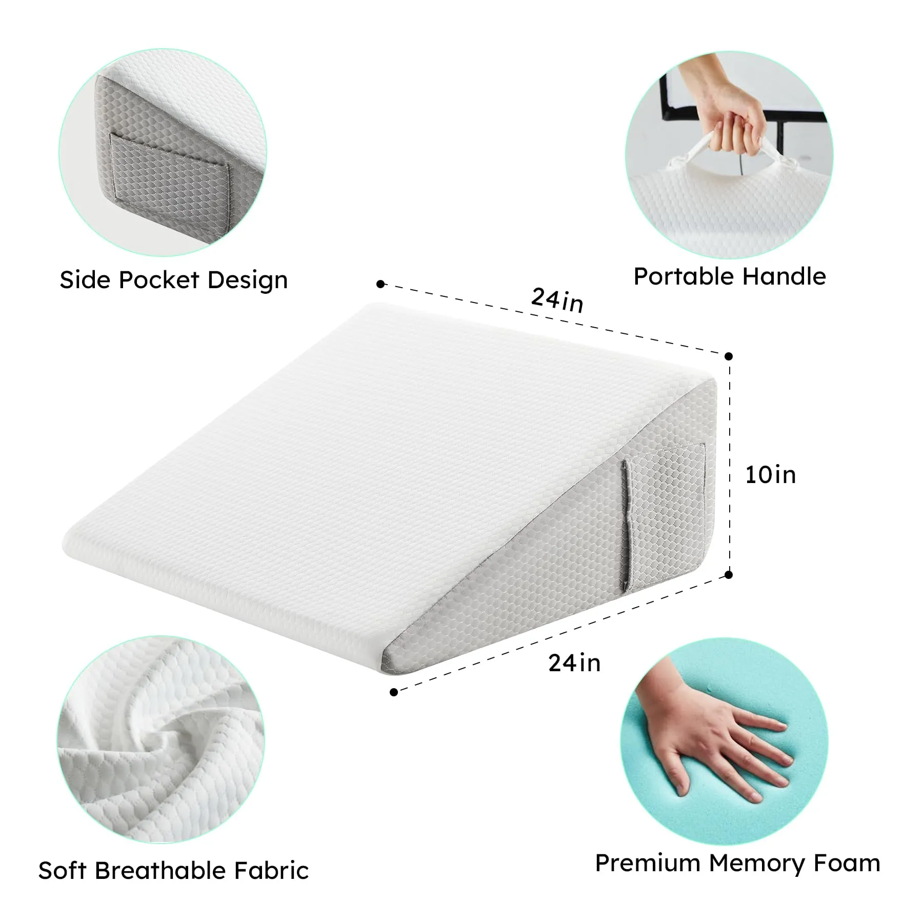 Bedluxe Wedge Pillow for Sleeping, 10 inch Bed Wedge Pillow, Elevated Body Pillow for Back Support, Acid Reflux, Leg, Neck Pain, Snoring, Triangle Pillow Wedge - Cooling Memory Foam Top, White/Grey