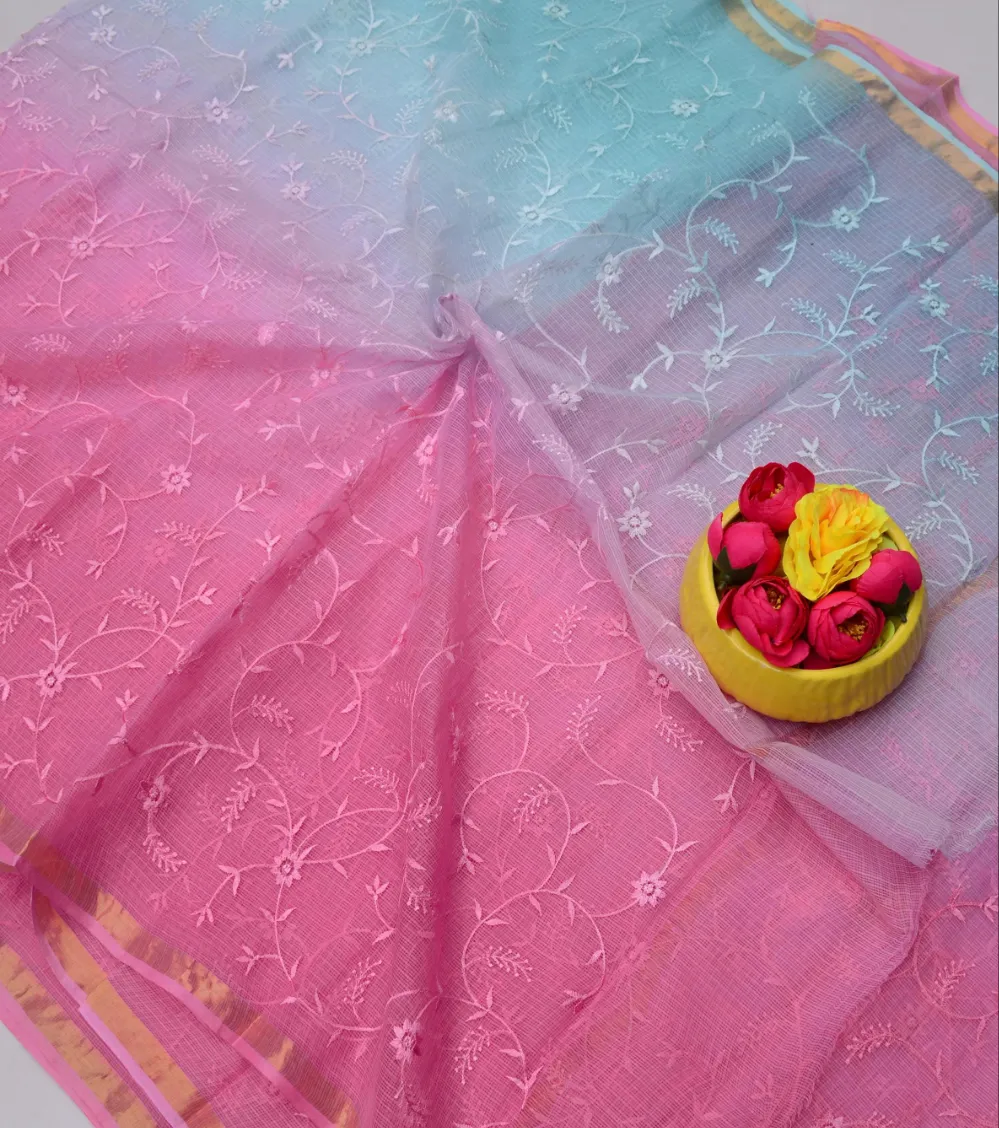 Blue & Pink Kota Doria All Over Embroidery Work Saree