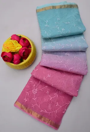 Blue & Pink Kota Doria All Over Embroidery Work Saree