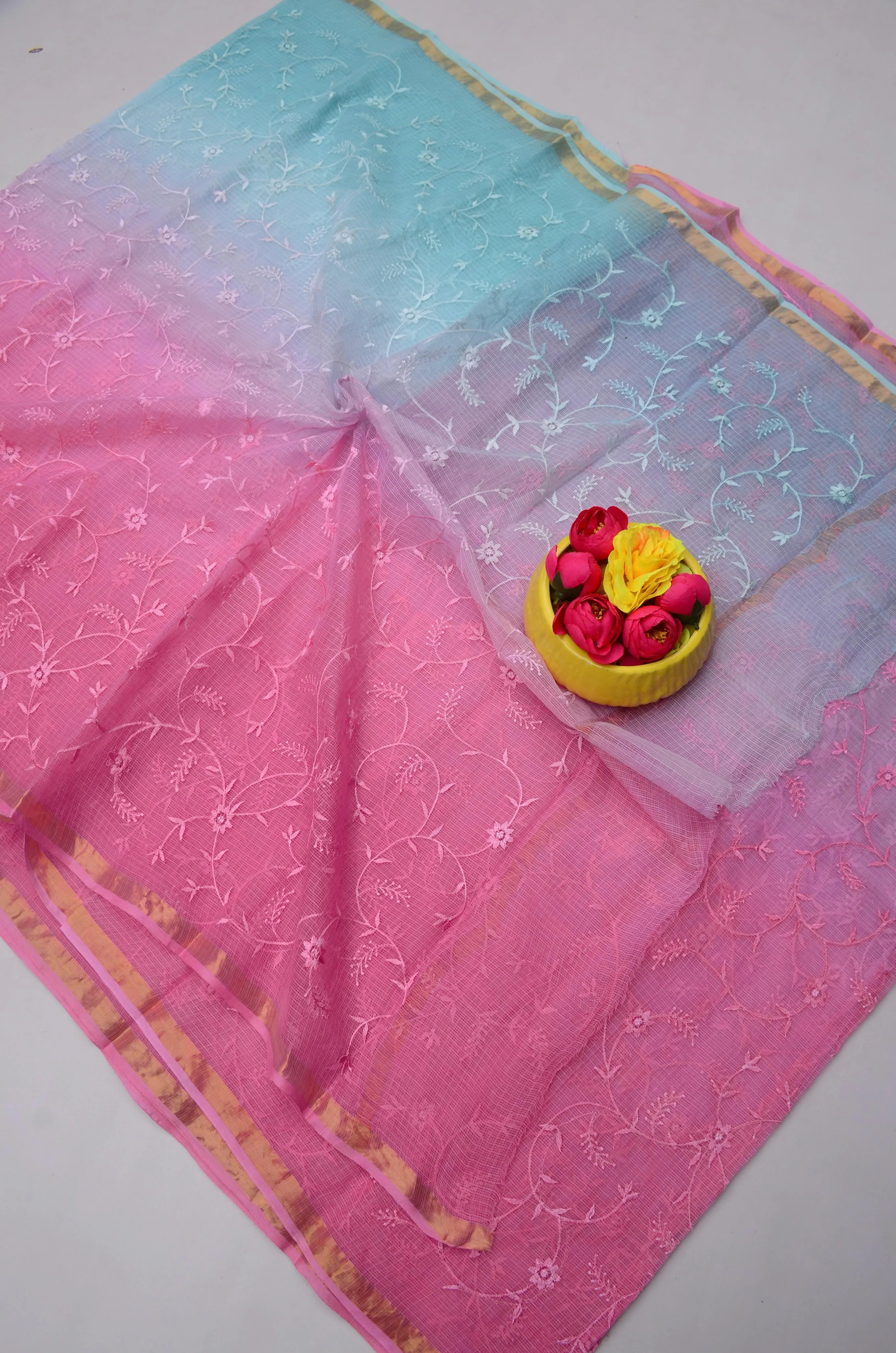 Blue & Pink Kota Doria All Over Embroidery Work Saree