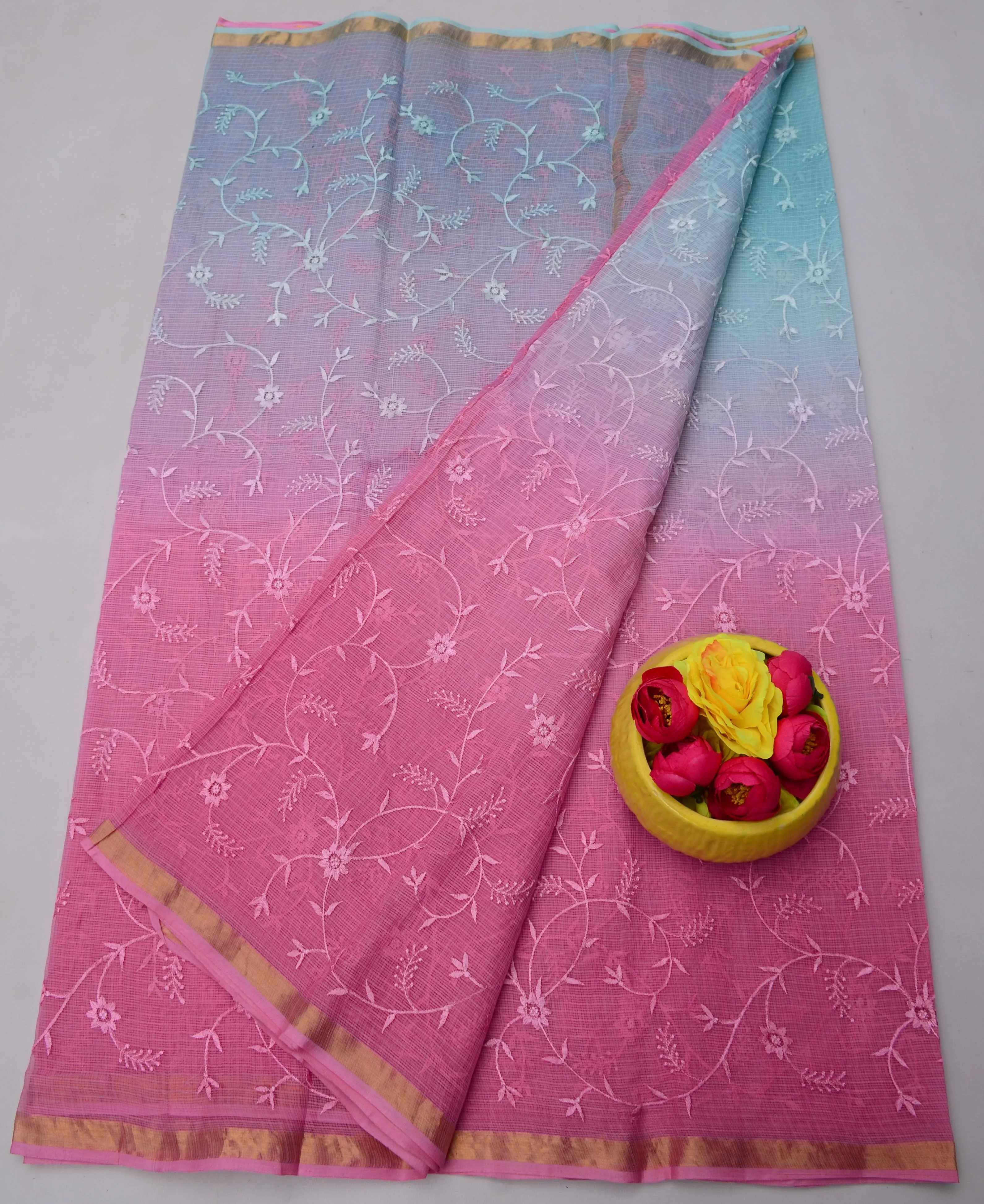 Blue & Pink Kota Doria All Over Embroidery Work Saree