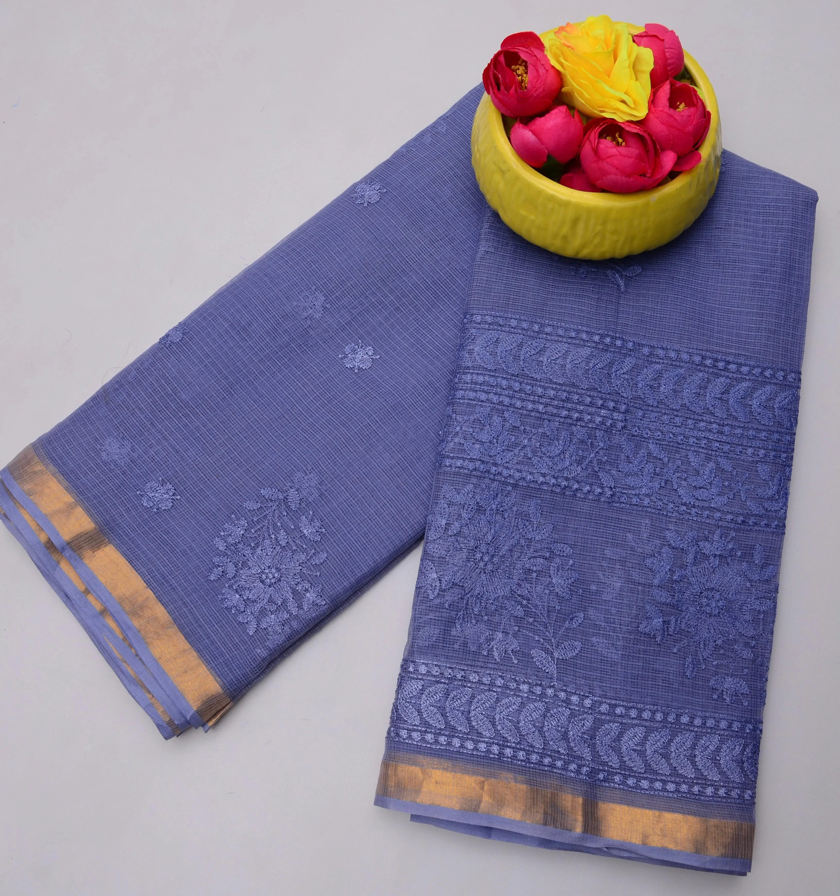 Blue Kota Doria All Over Embroidery Work Saree