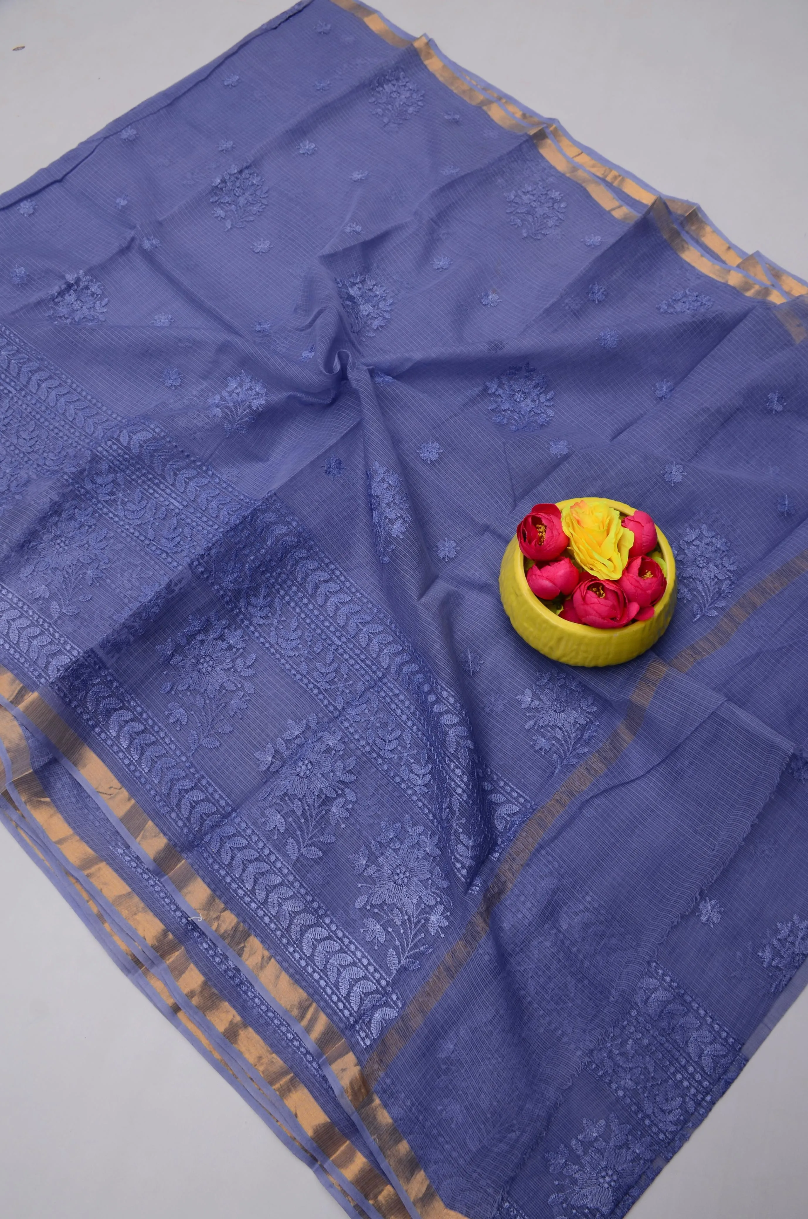 Blue Kota Doria All Over Embroidery Work Saree