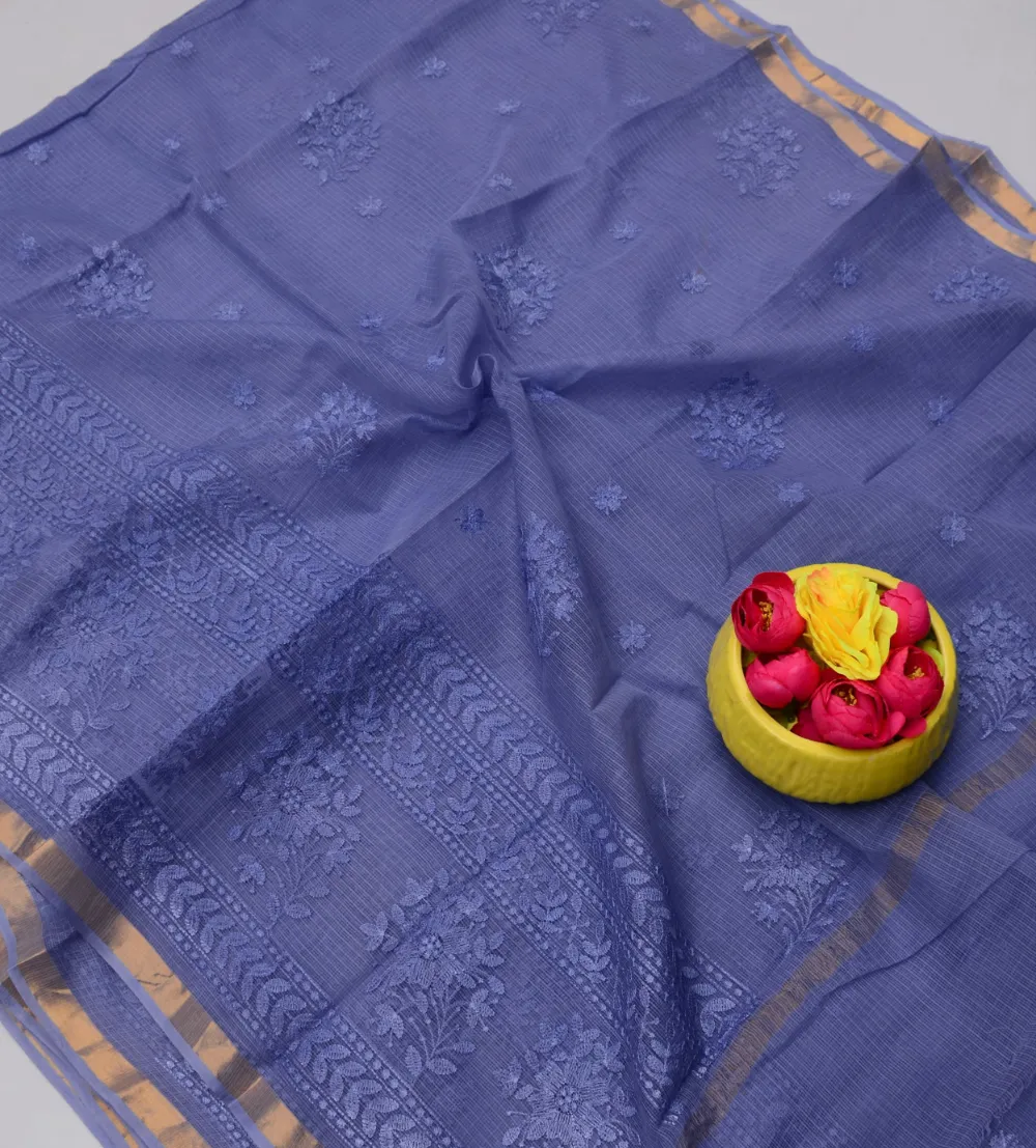 Blue Kota Doria All Over Embroidery Work Saree