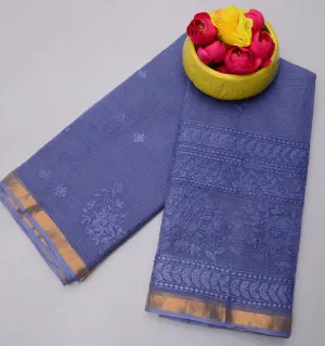 Blue Kota Doria All Over Embroidery Work Saree