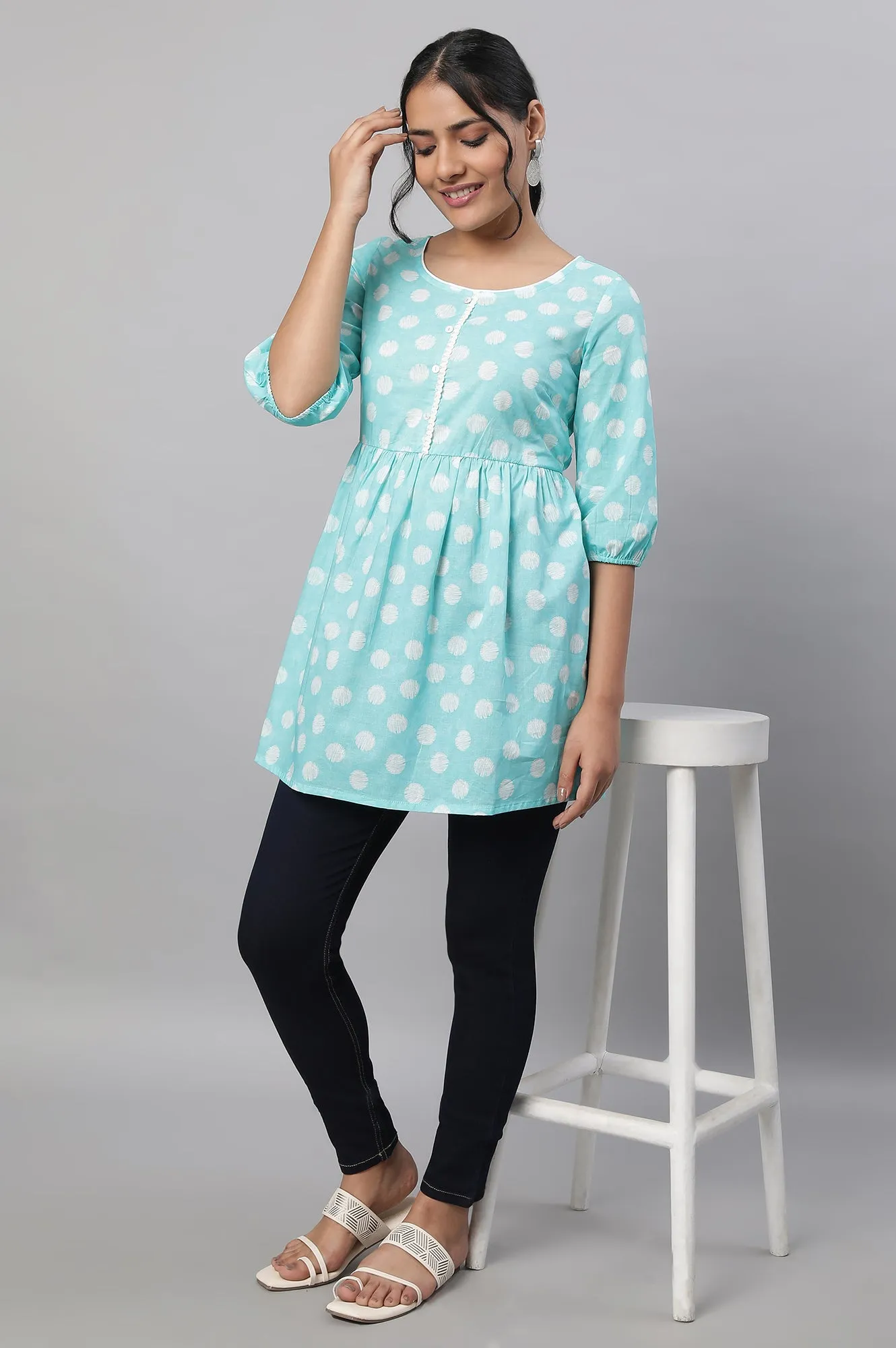 Blue Polka Print kurta & Blue Denim Jeggings