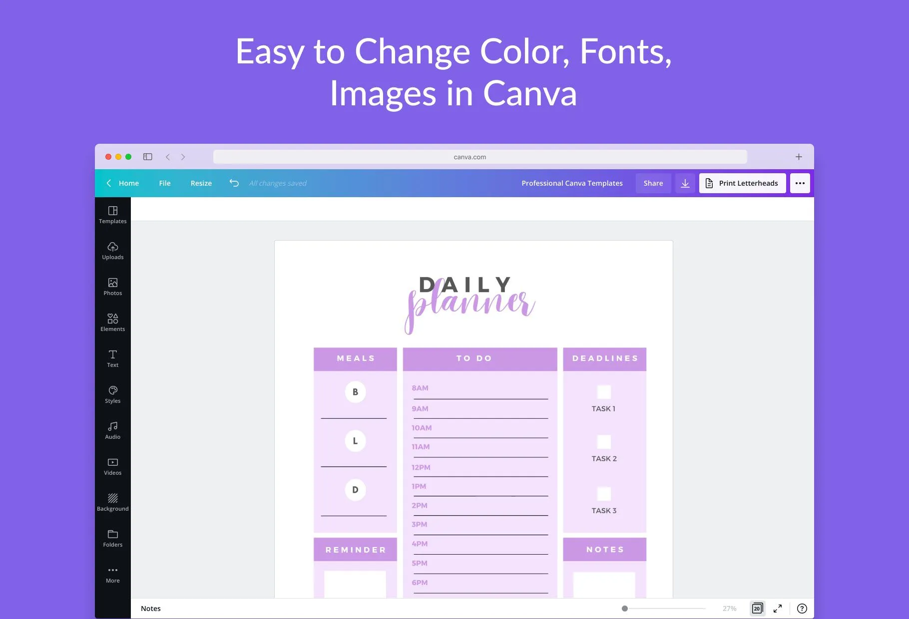 Bright Lilac Daily Planner Printable and Editable Canva Template