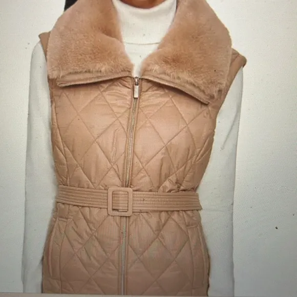 CALVIN KLEIN QULTED FAUX FUR COLLAR VEST W BELT SIZE S NWT