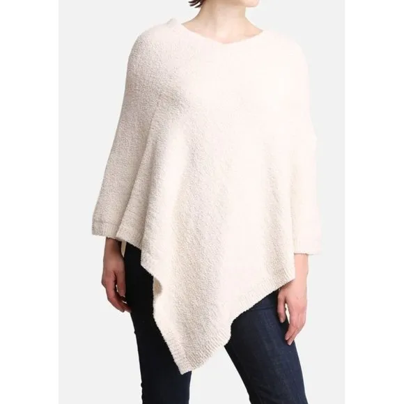 COMFY LUXE WOMENS IVORY/CREAM LUXURY SOFT PONCHO W/ RIBBED EDGES - OS