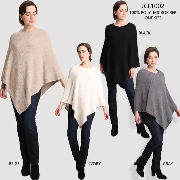 COMFY LUXE WOMENS IVORY/CREAM LUXURY SOFT PONCHO W/ RIBBED EDGES - OS