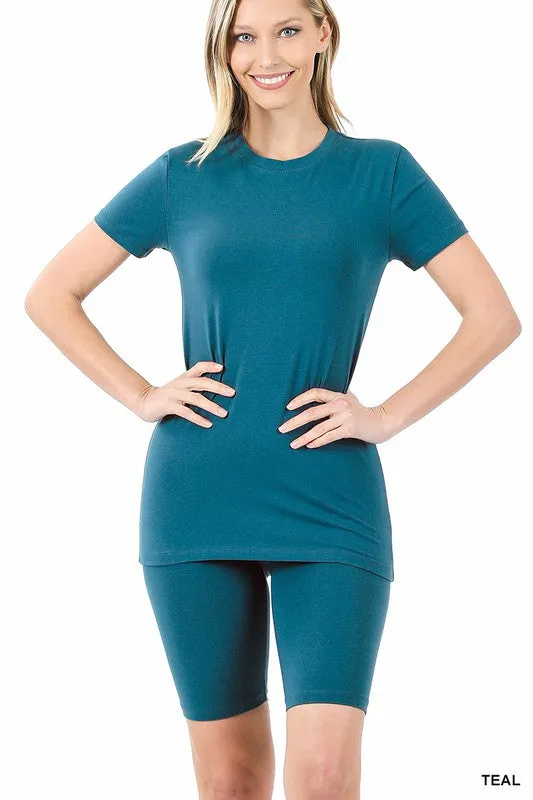 Cotton Round Neck Top & Bike Shorts Set – Relaxed Fit Everyday Matching Outfit