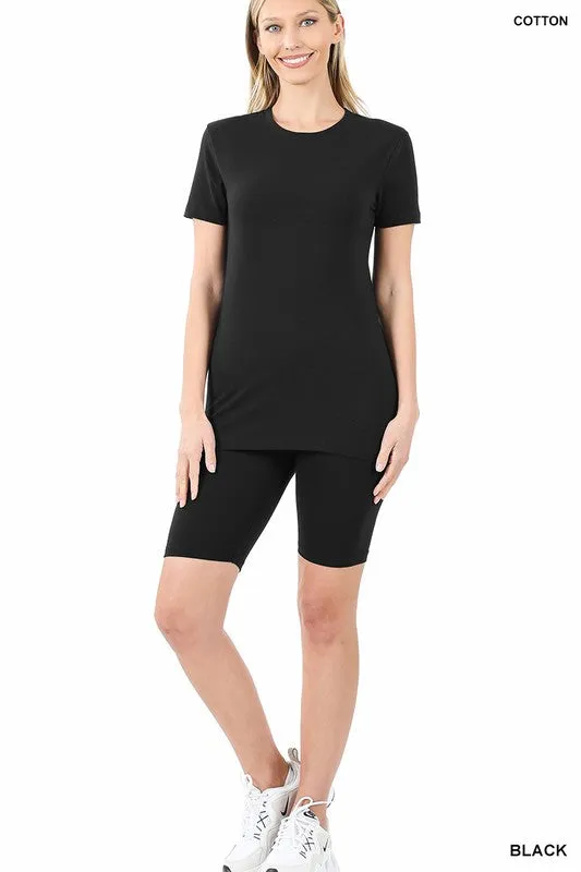 Cotton Round Neck Top & Bike Shorts Set – Relaxed Fit Everyday Matching Outfit