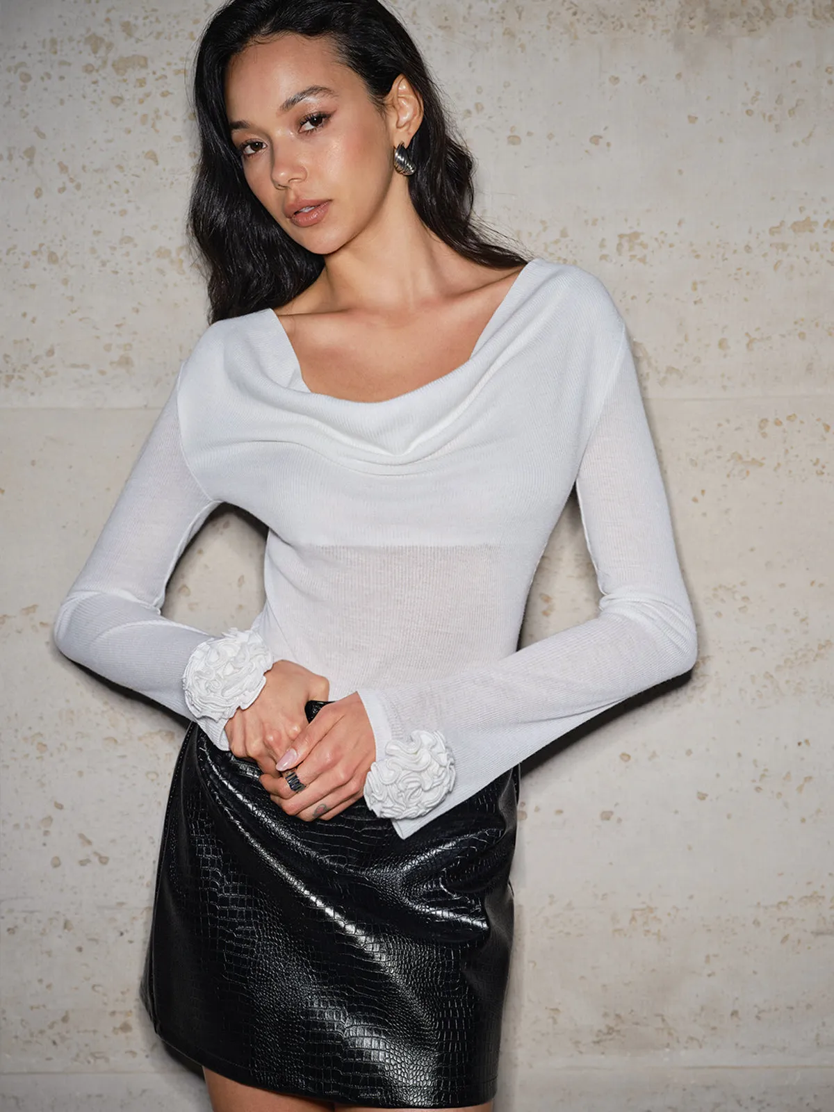 Cowl Neck 3D Flower Slim Blouse