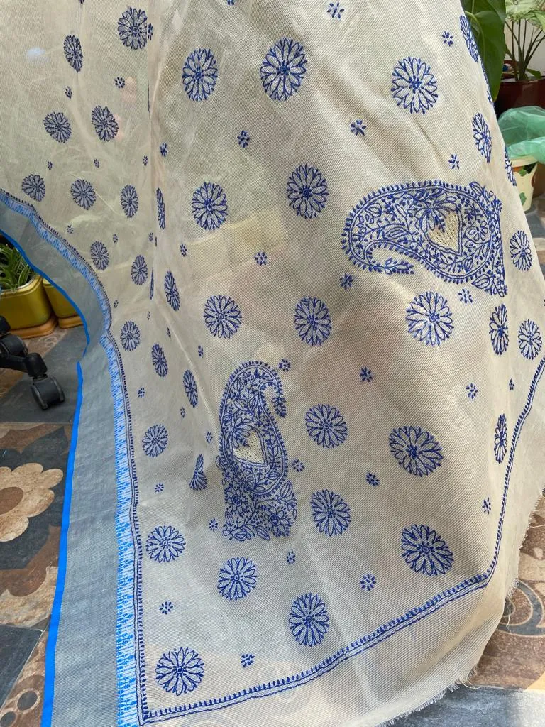 Cream Color Kota Doria Chikankari Work Saree
