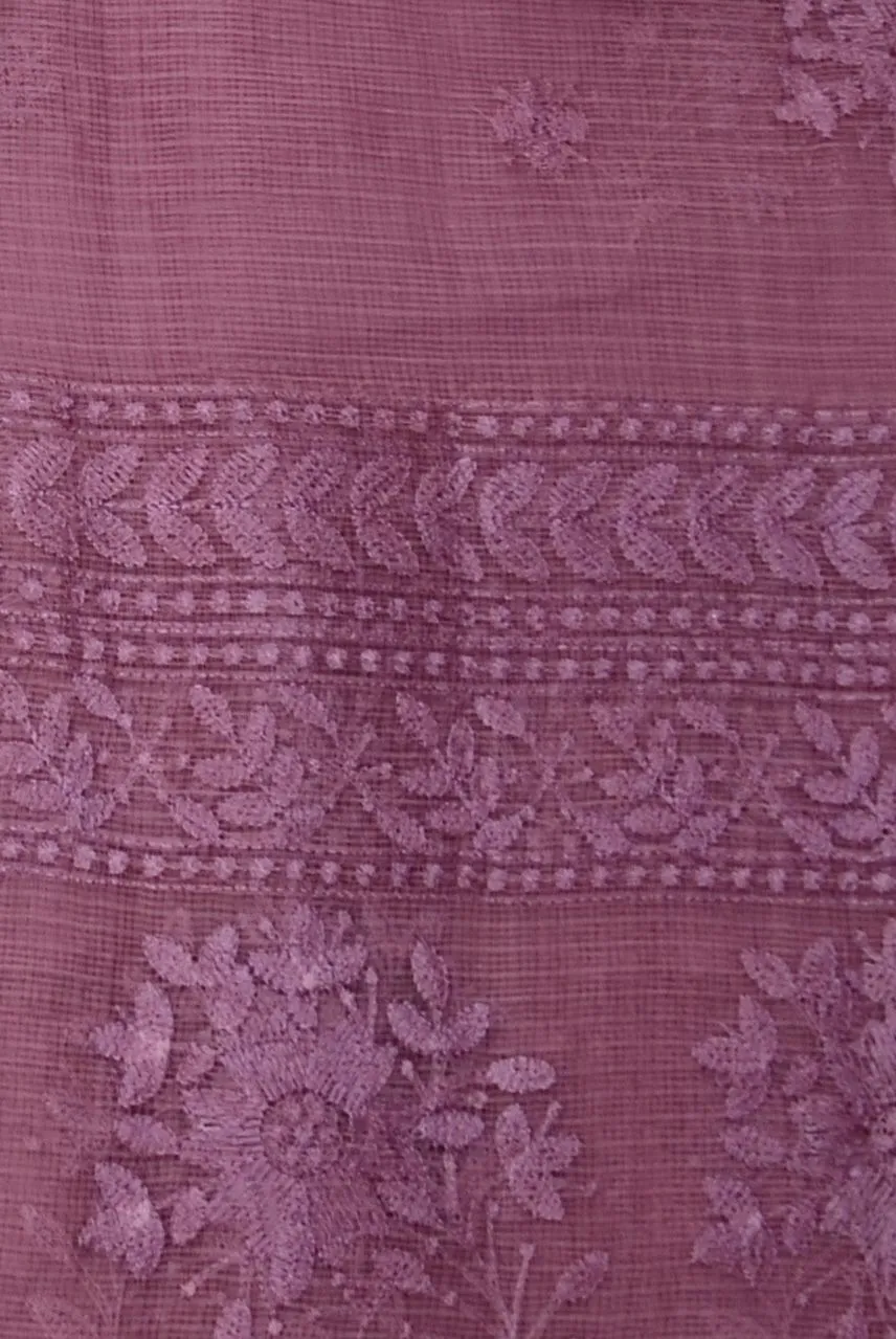 Dark Mauve Color Kota Doria All Over Embroidery Work Saree