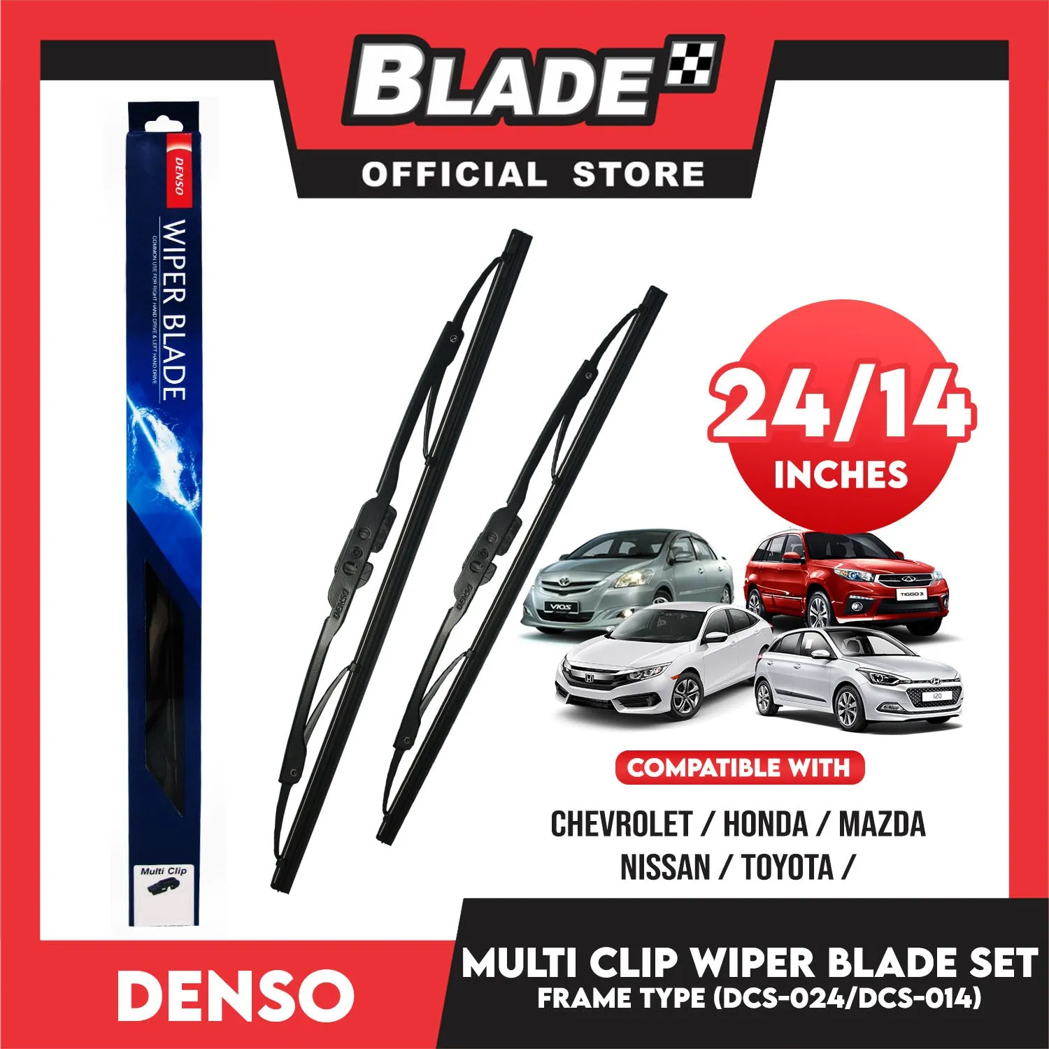 Denso Multi Clip Wiper Blade Set, Frame Type DCS-024/DRS024 24' ' And DCS-014/DT014N 14' ' Set of 2pcs Car Wiper For Chevrolet, Honda, Mazda, Nissan, Toyota