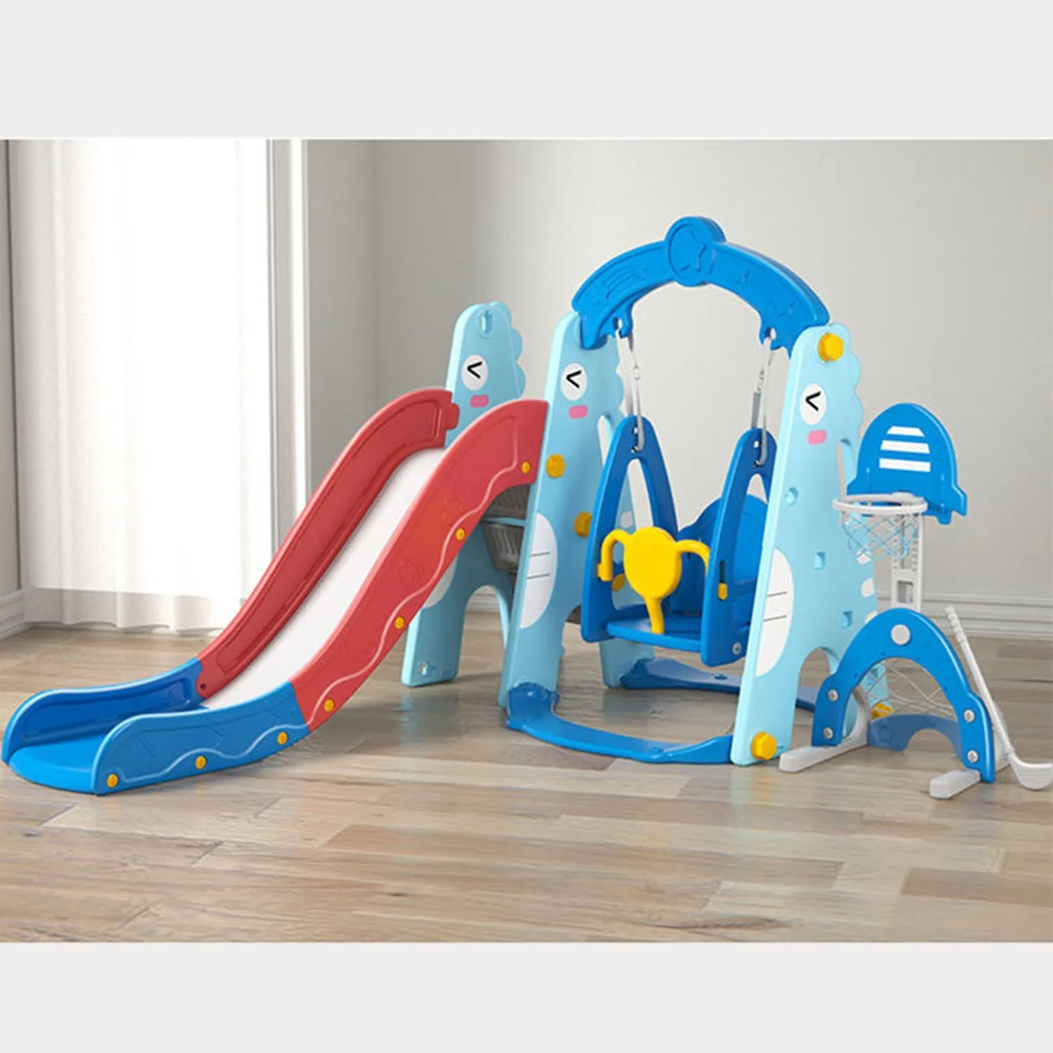 Dinosaur 5-in-1 Kids Slide & Swing Set | Basketball Hoop | Football | Golf
