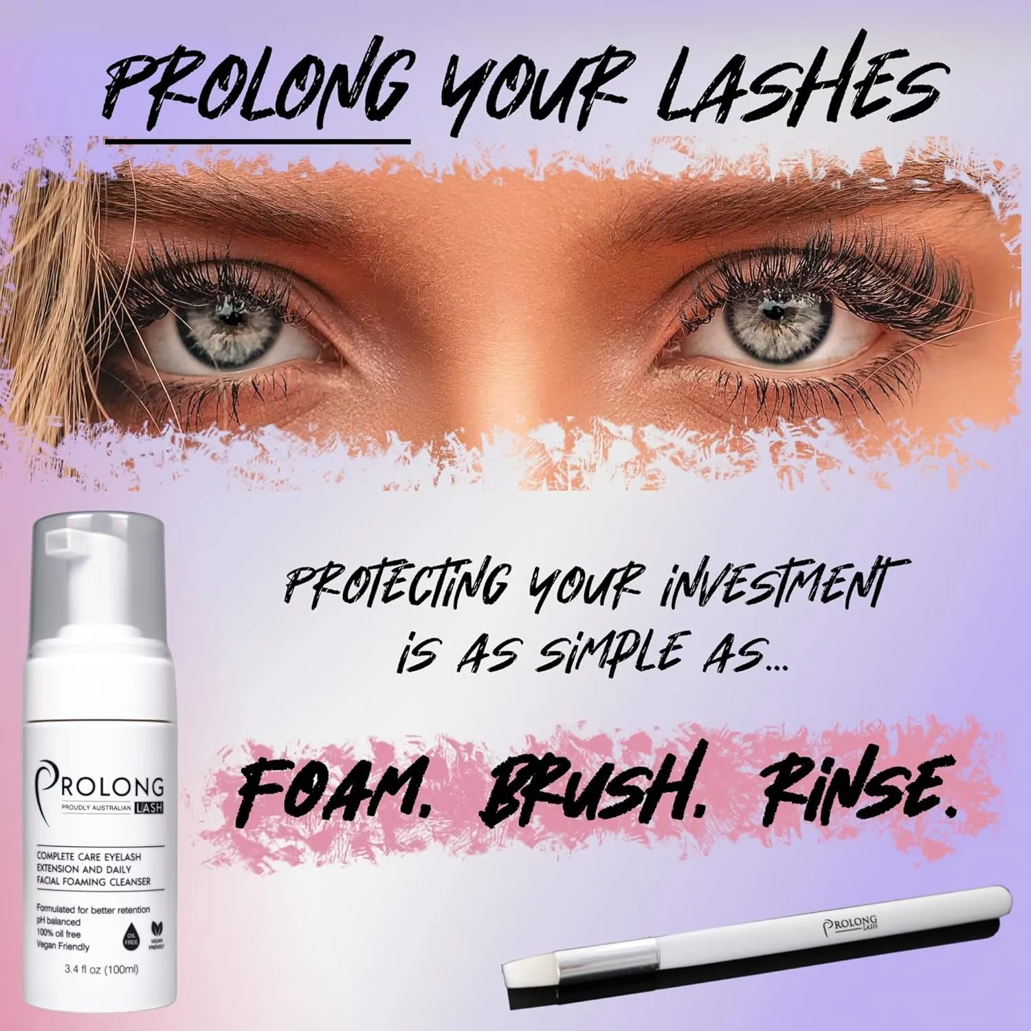 Eyelash Extension Shampoo & Brush - Large 100Ml Bottle - Gentle Foaming Cleanser Lash Wash for Extensions and Natural Lashes - Safe Daily Makeup Remover - Paraben & Sulphate Free - Salon & Home Use