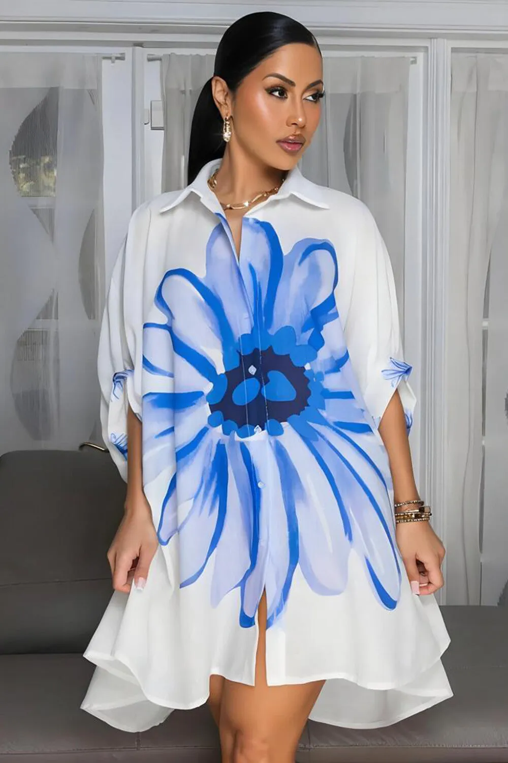 Floral Print Half Sleeve Turndown Collar Loose Fit Mini Shirt Dresses-Red