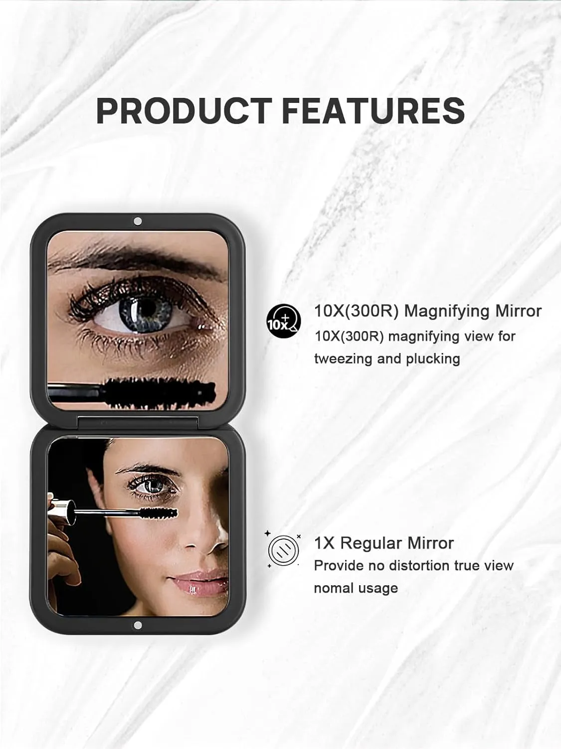 Folding Compact Mirror, 1X/10X Magnification 3½” Pocket Size Square Hand Mirror for Travel Makeup (Black)