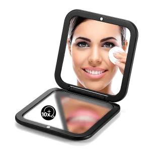 Folding Compact Mirror, 1X/10X Magnification 3½” Pocket Size Square Hand Mirror for Travel Makeup (Black)